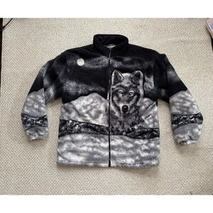 The Bear Trading Co Wolf All Over XXL Fleece Sherpa Lined‎ Jacket 90's Vintage